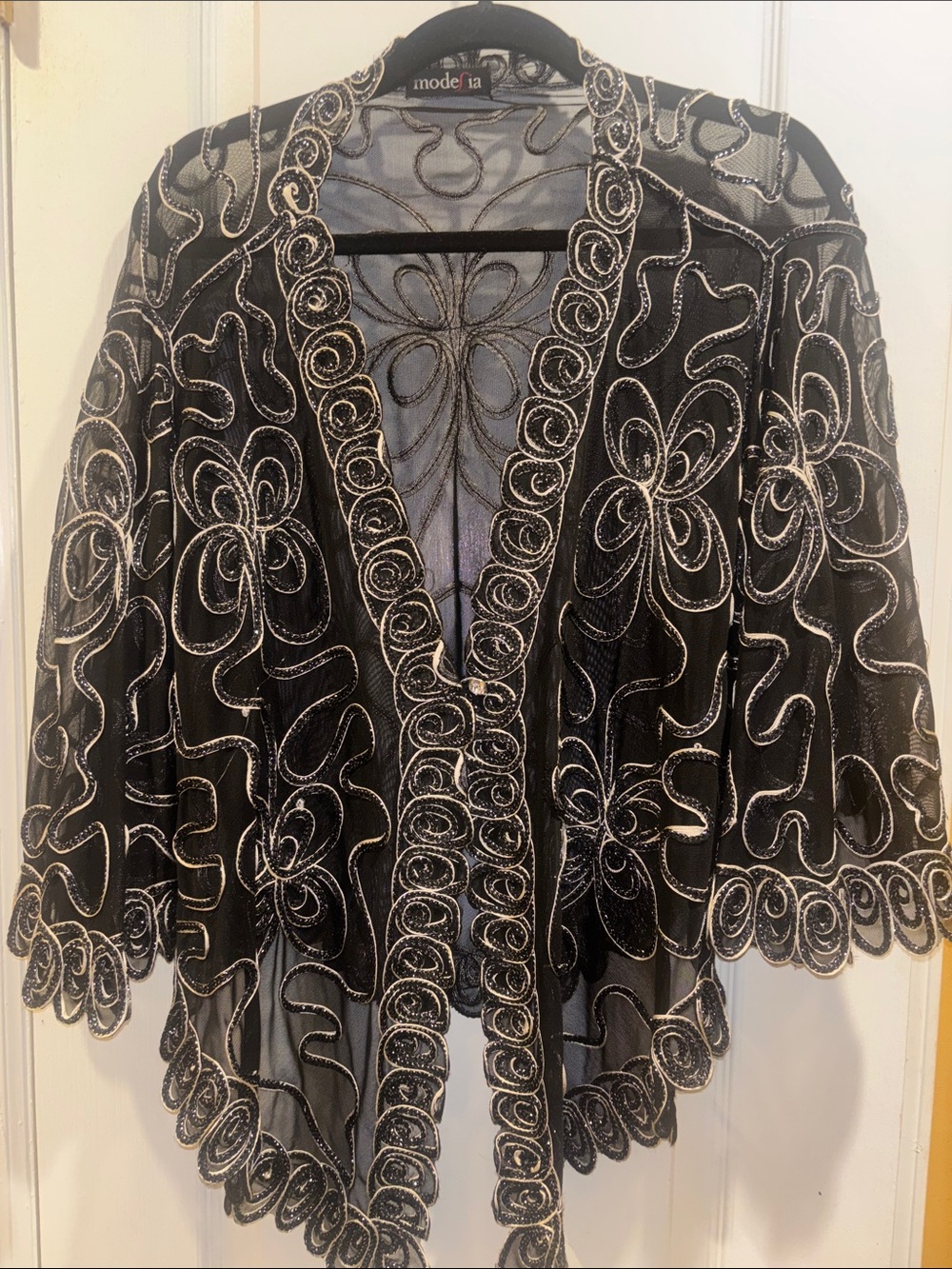 MODEFIA SHEER BLACK WRAP SILVER FLORAL EMBROIDERY ALONG SCALLOPED EDGES PRELOVED